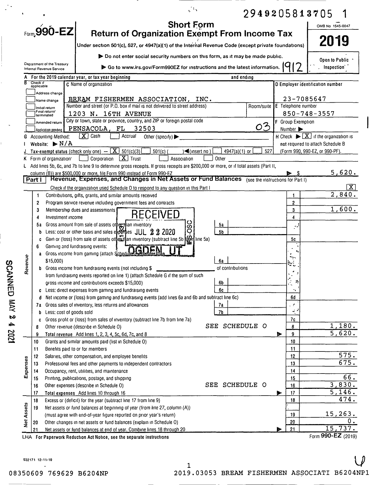 Image of first page of 2019 Form 990EZ for Bream Fishermen Association