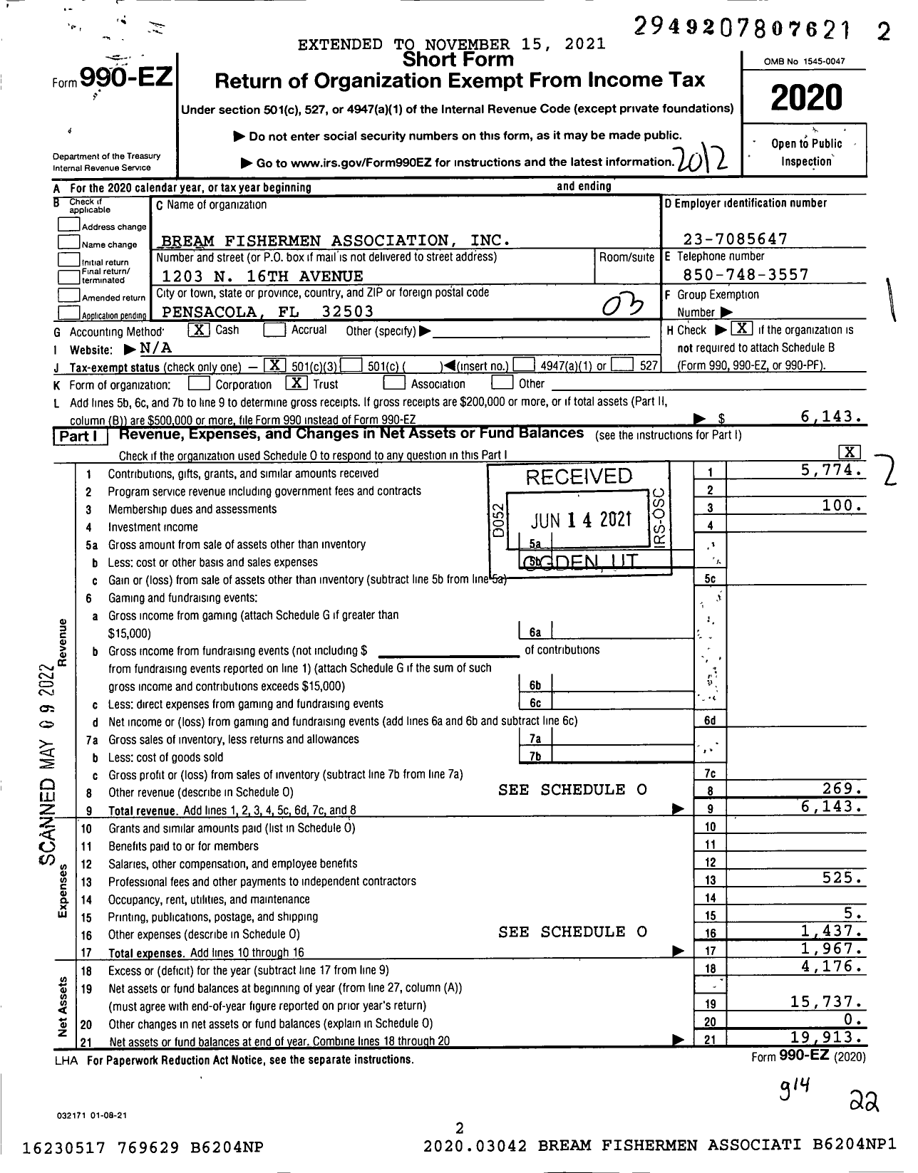 Image of first page of 2020 Form 990EZ for Bream Fishermen Association