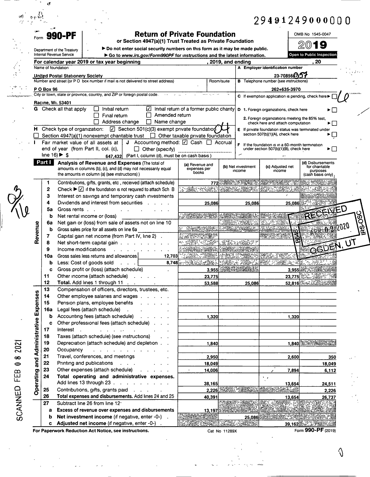 Image of first page of 2019 Form 990PF for United Postal Stationery Society