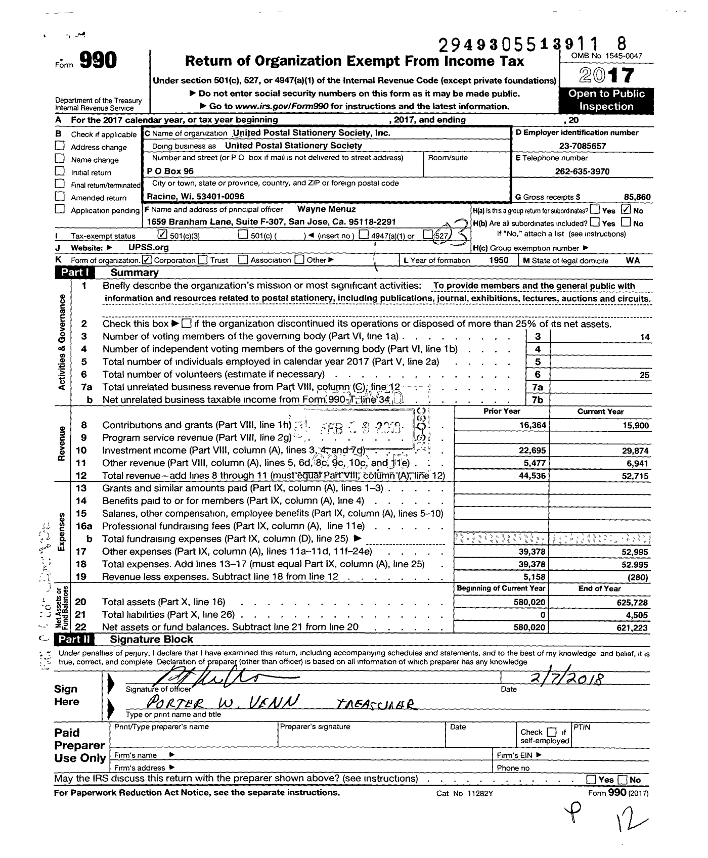 Image of first page of 2017 Form 990 for United Postal Stationery Society