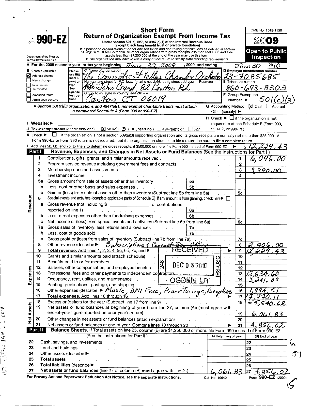 Image of first page of 2009 Form 990EZ for Connecticut Symphony Orchestra