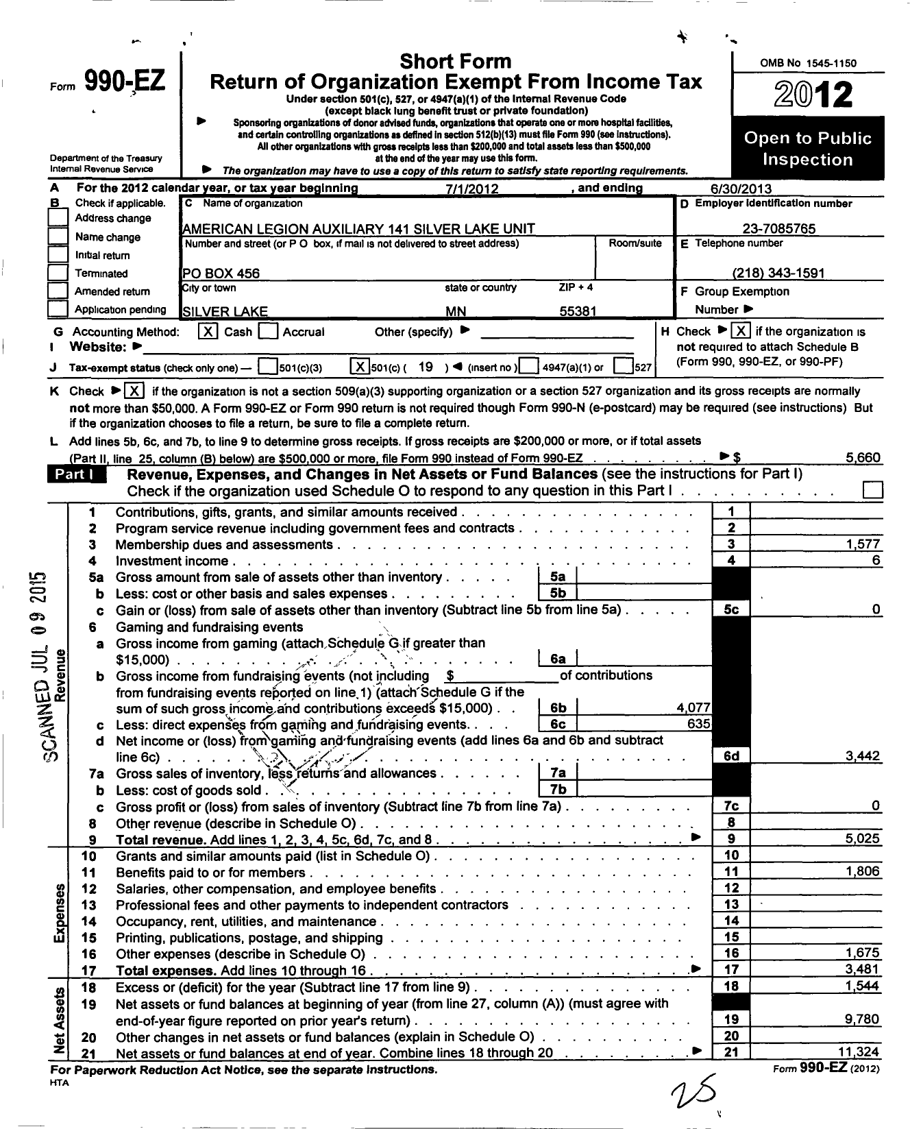 Image of first page of 2012 Form 990EO for American Legion Auxiliary - 141 Silver Lake Unit