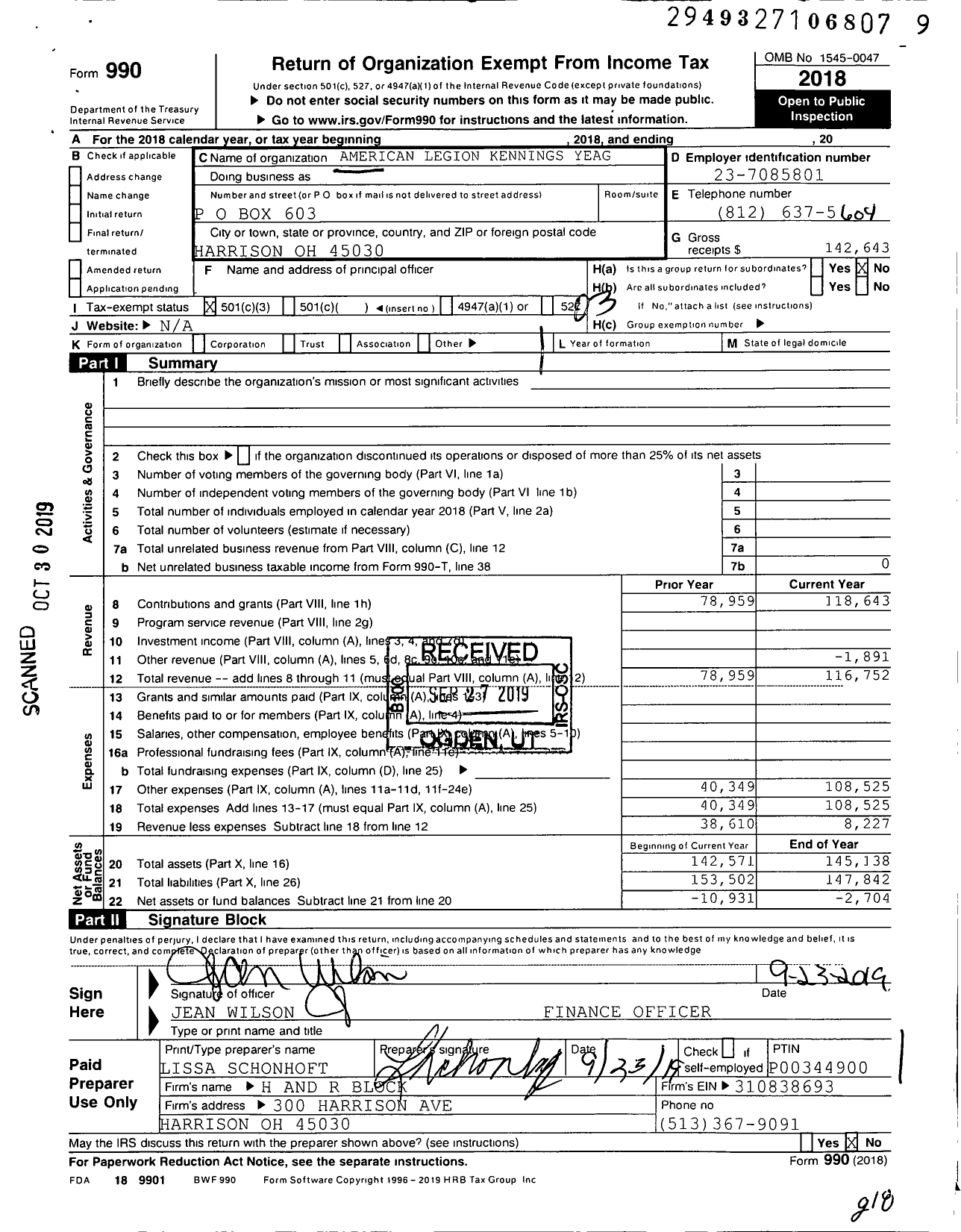 Image of first page of 2018 Form 990 for American Legion - 199 Yeager Benson Memorial