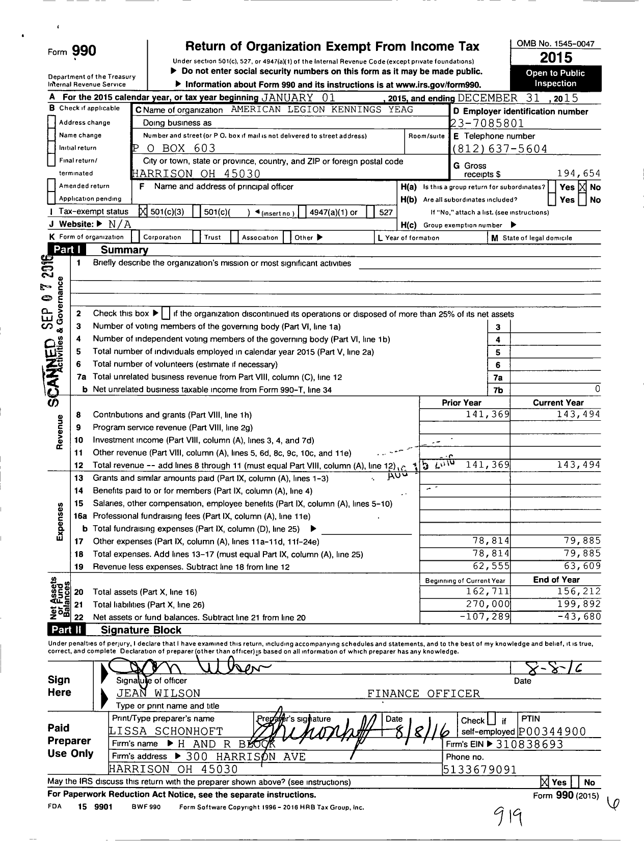 Image of first page of 2015 Form 990 for American Legion - 199 Yeager Benson Memorial