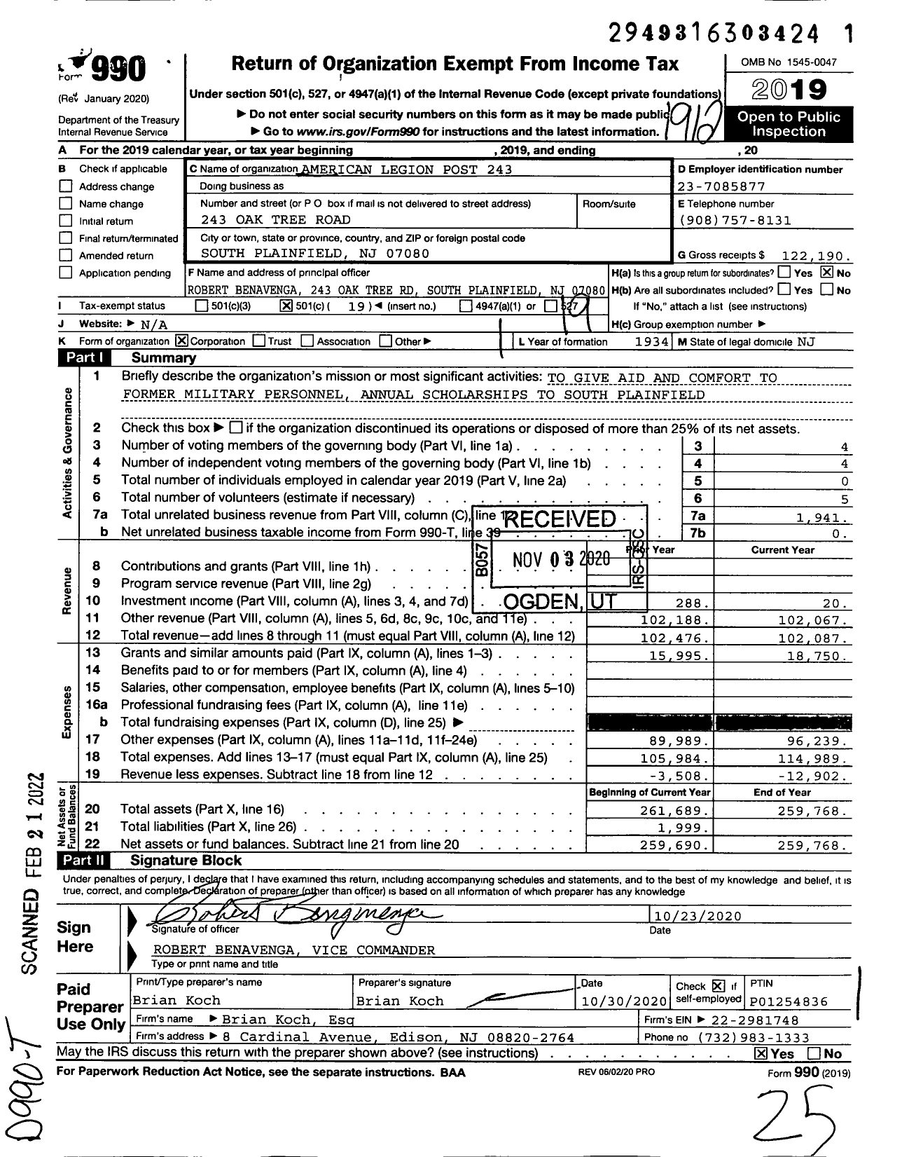 Image of first page of 2019 Form 990O for American Legion - 243 Chaumont