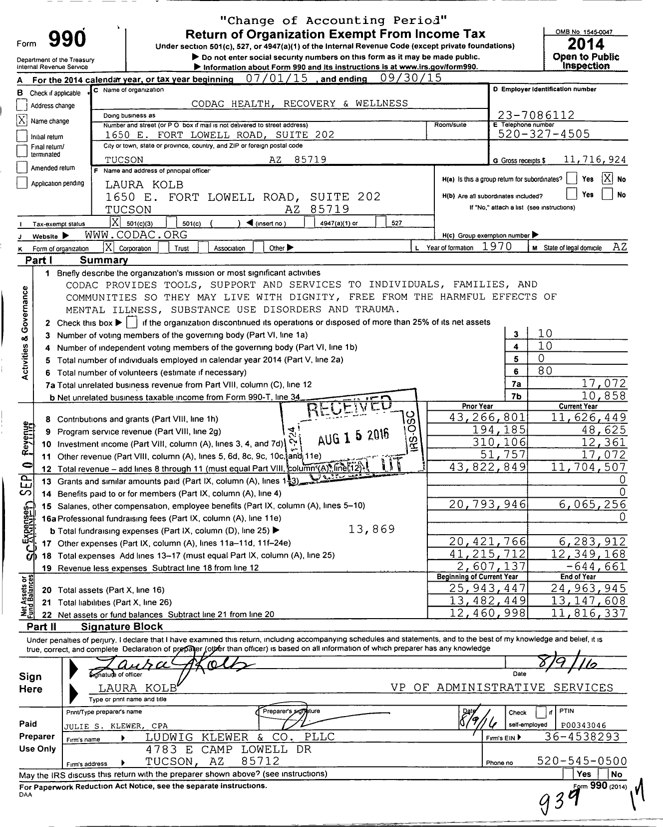 Image of first page of 2014 Form 990 for CODAC Health Recovery and Wellness