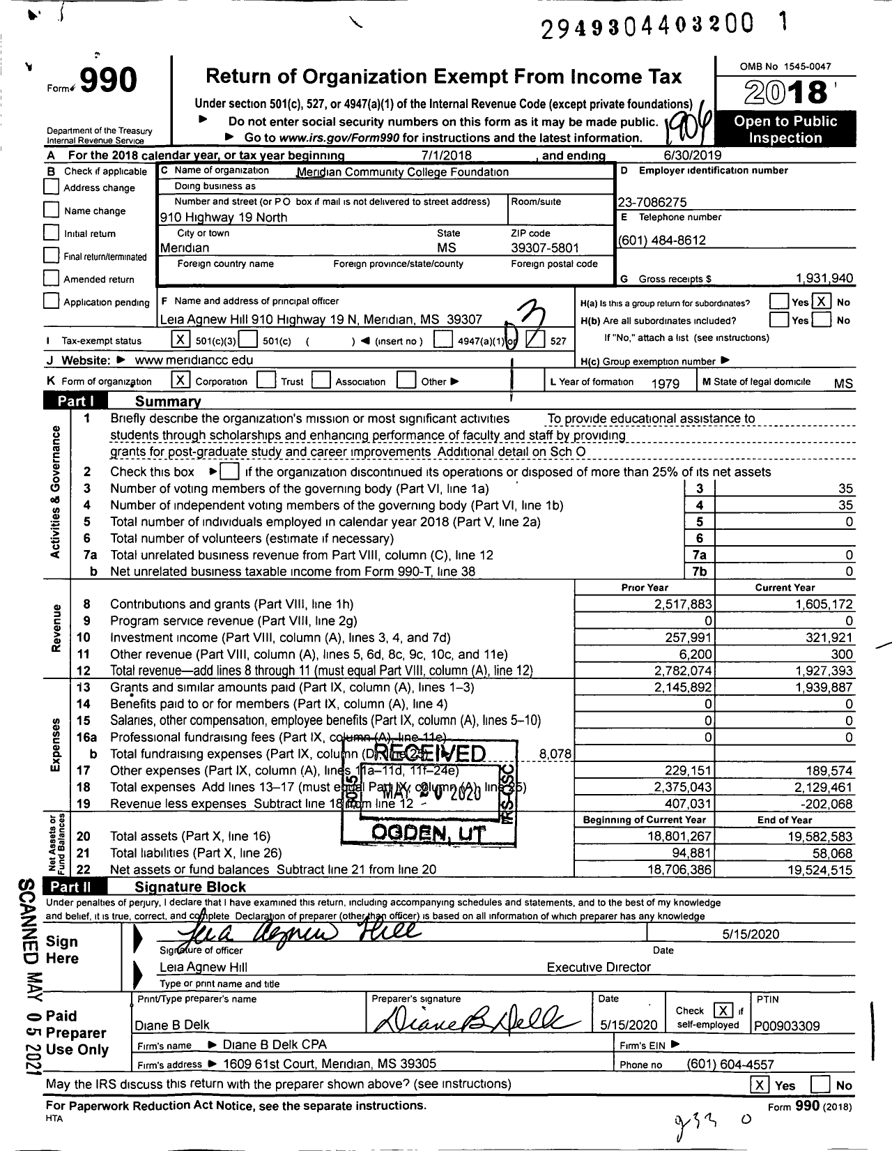 Image of first page of 2018 Form 990 for Meridian Community College Foundation