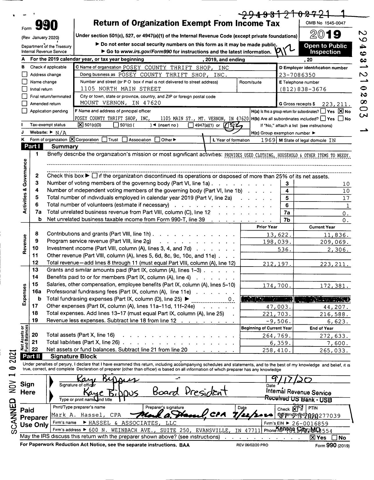 Image of first page of 2019 Form 990 for Posey County Thrift Shop