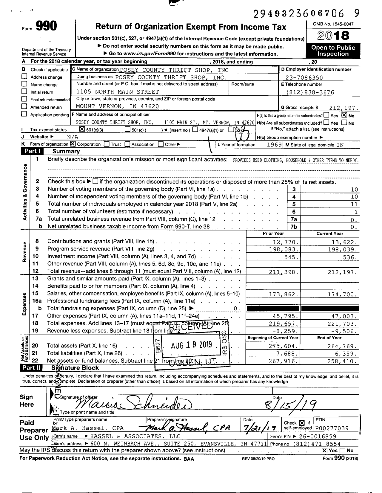 Image of first page of 2018 Form 990 for Posey County Thrift Shop