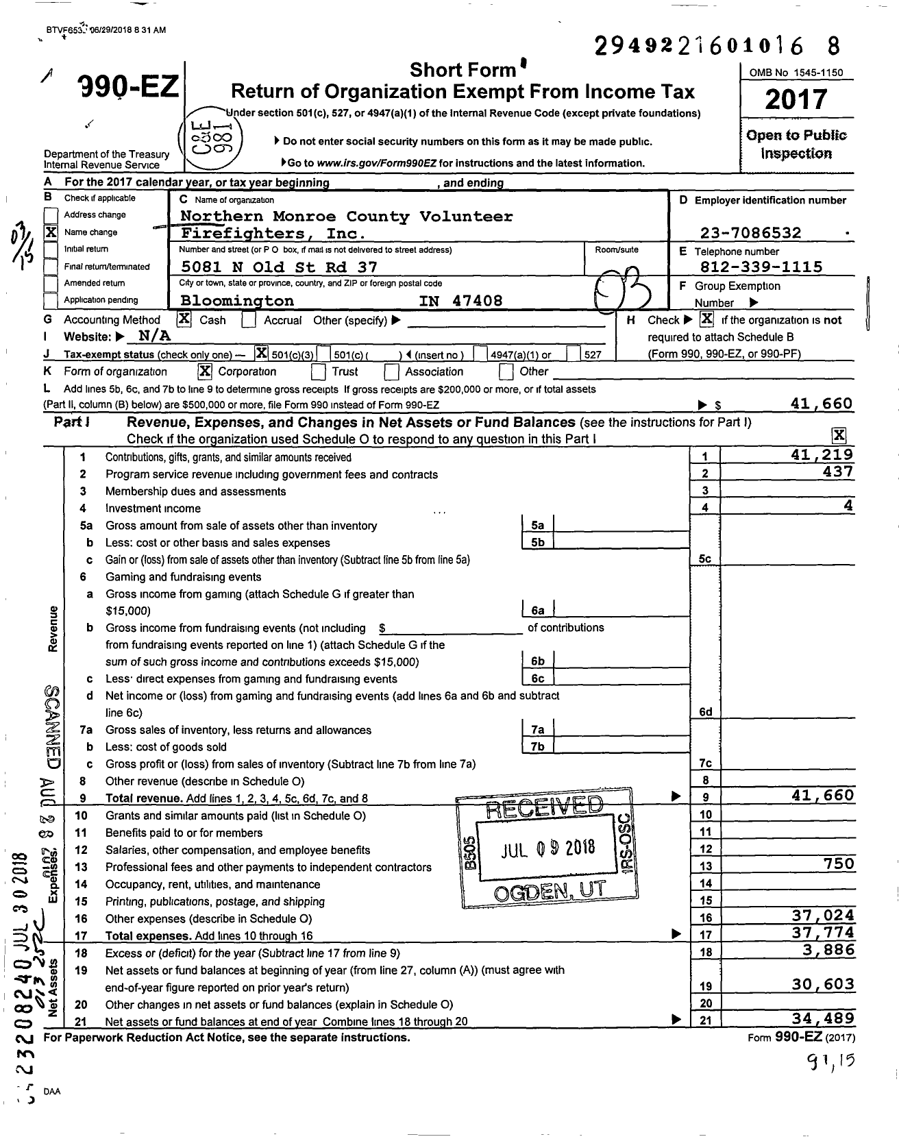 Image of first page of 2017 Form 990EZ for Northern Monroe County Volunteer Firefighters