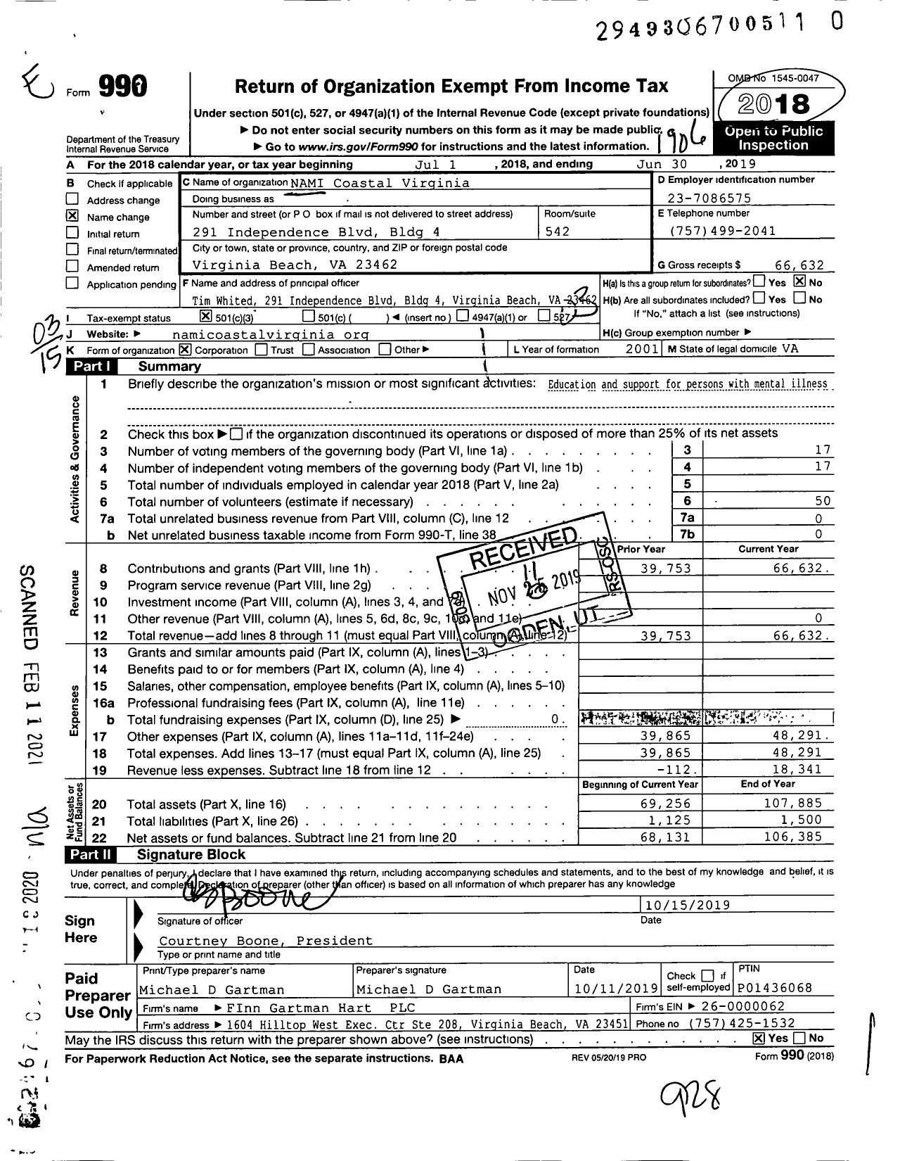 Image of first page of 2018 Form 990 for NAMI Coastal Virginia