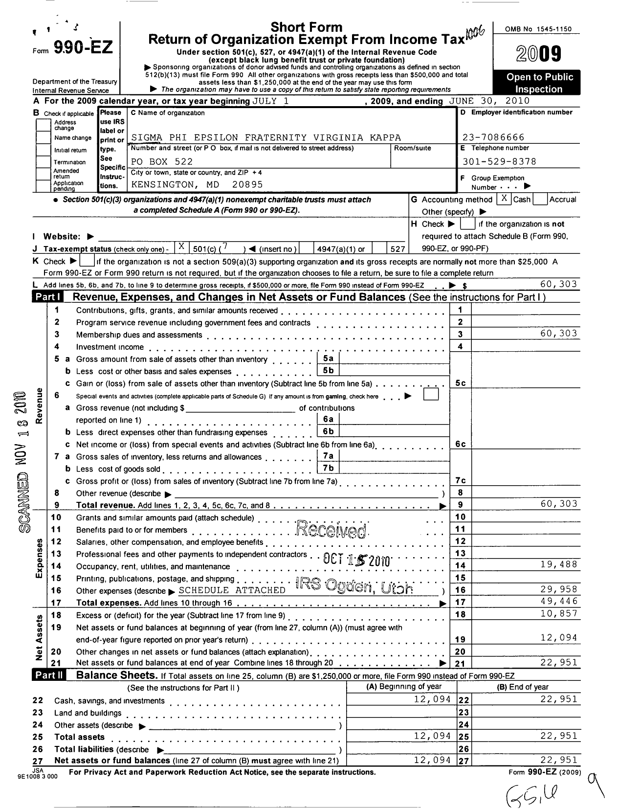 Image of first page of 2009 Form 990EO for Sigma Phi Epsilon - Va Kappa