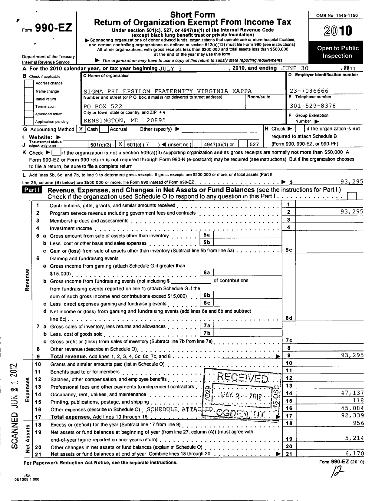 Image of first page of 2010 Form 990EO for Sigma Phi Epsilon - Va Kappa