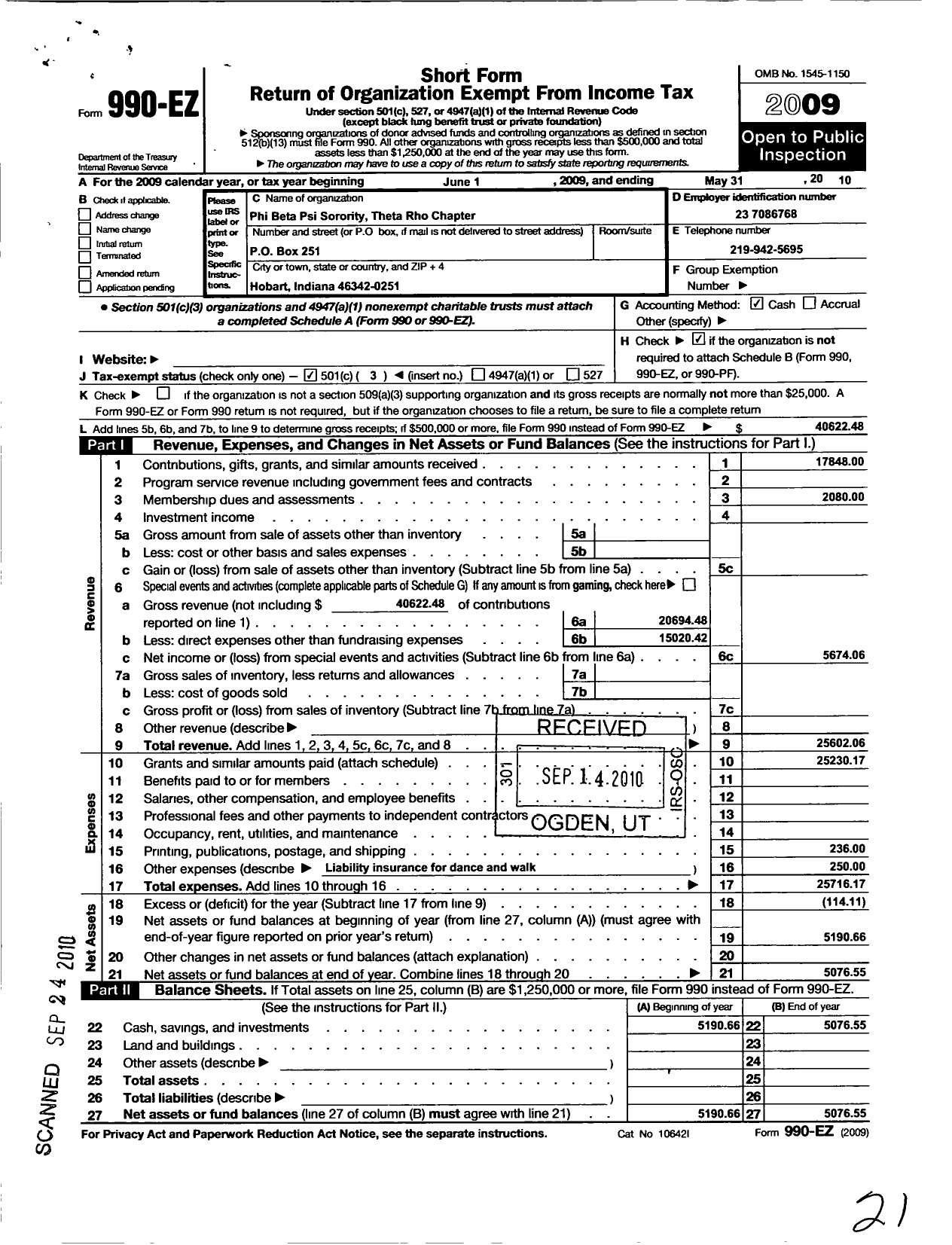 Image of first page of 2009 Form 990EZ for Phi Beta Psi Sorority / Theta Rho Chapter