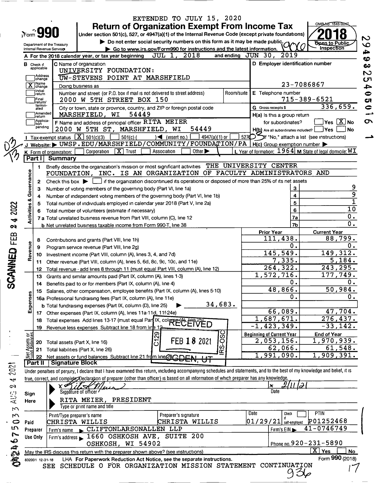 Image of first page of 2018 Form 990 for University Foundation Uw-Stevens Point at Marshfield