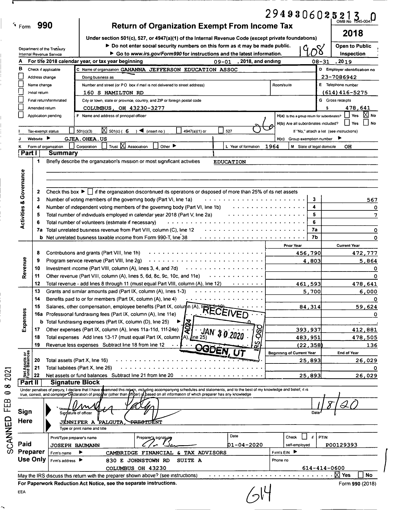 Image of first page of 2018 Form 990O for Gahanna Jefferson Education Association