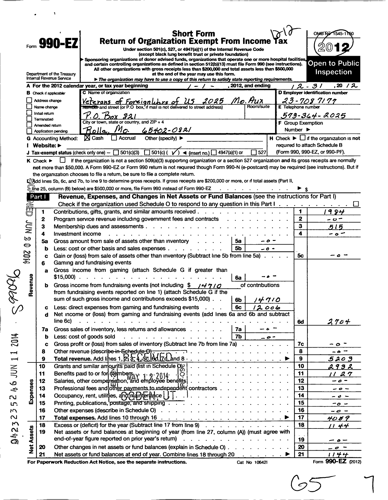 Image of first page of 2012 Form 990EO for VFW Auxiliary Department of Missouri - 2025 VFW Auxiliary Virgil A Faulkner-Phel