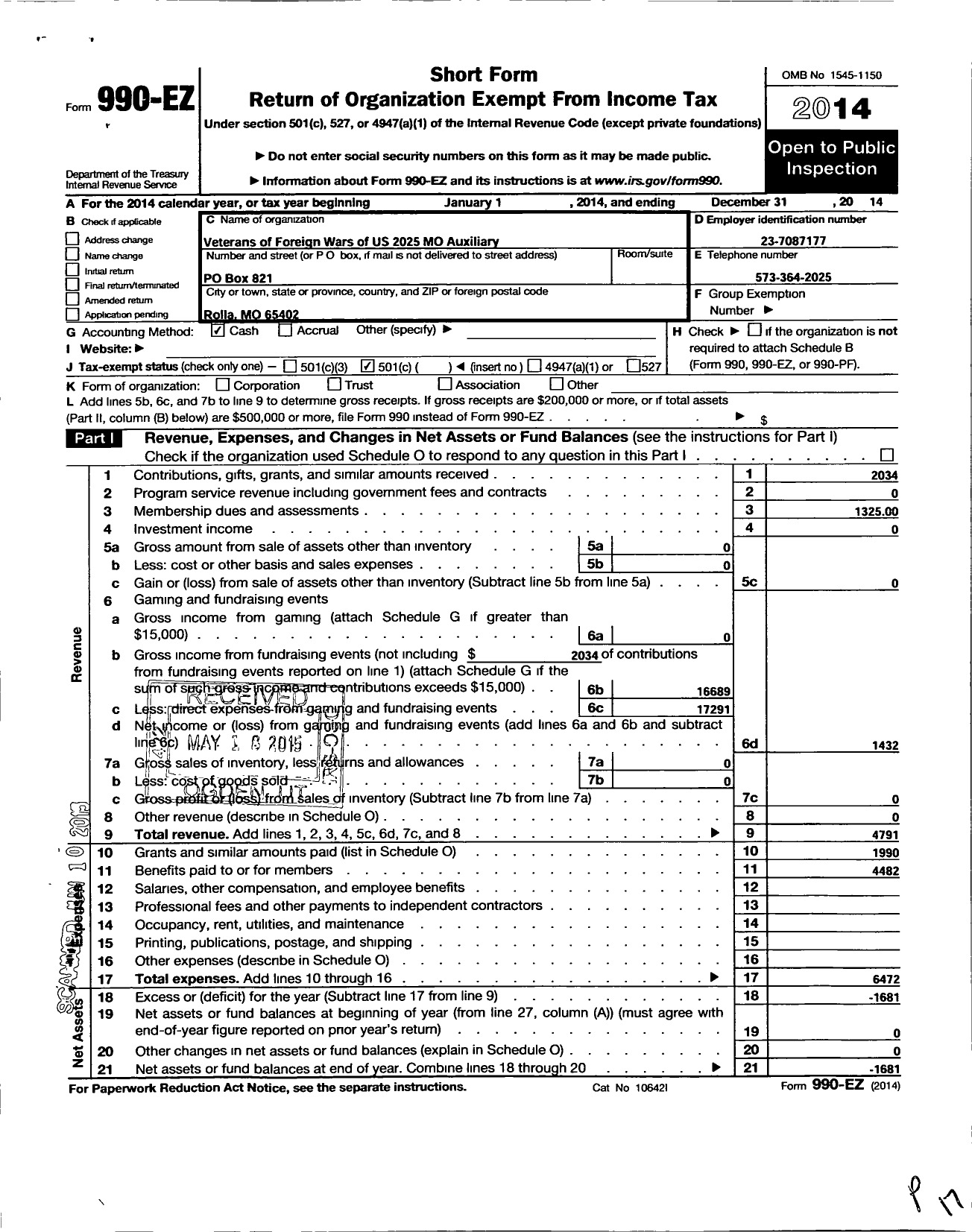 Image of first page of 2014 Form 990EO for VFW Auxiliary Department of Missouri - 2025 VFW Auxiliary Virgil A Faulkner-Phel