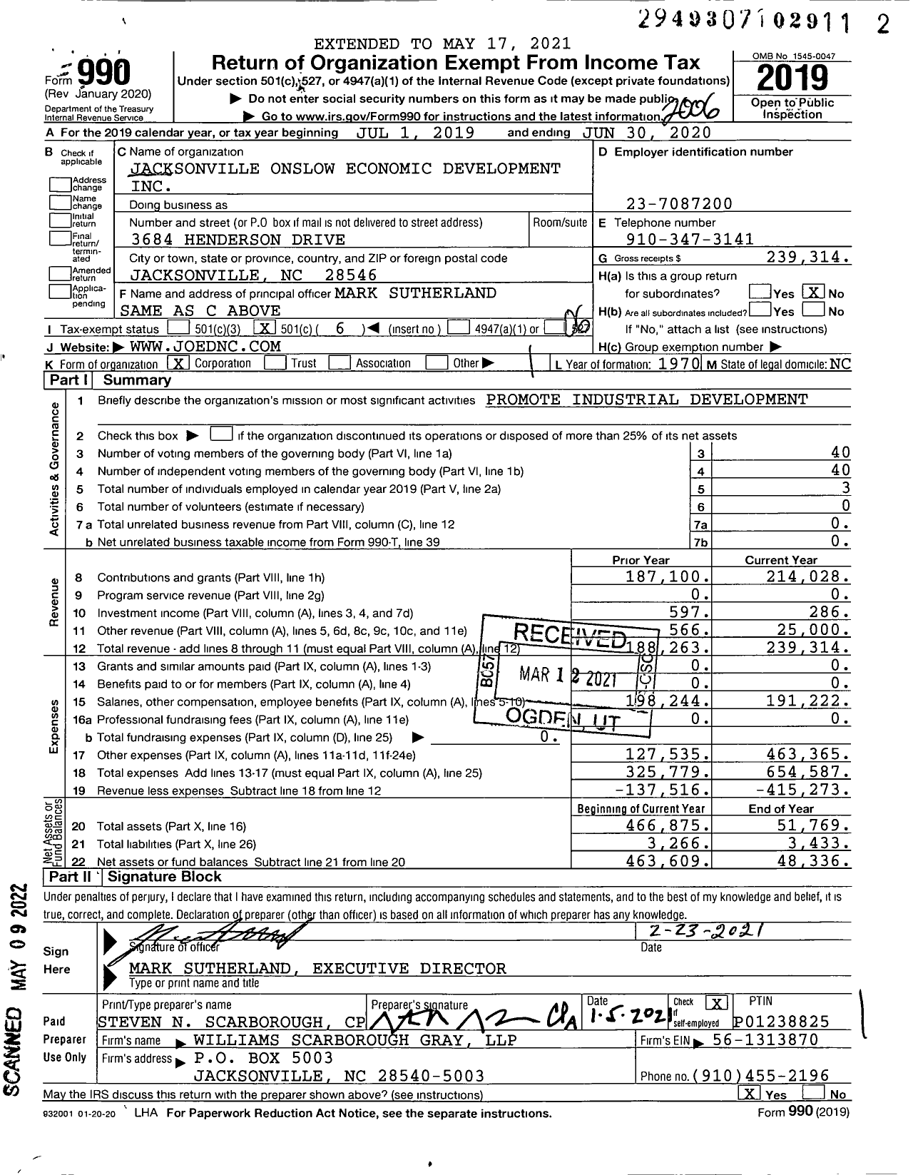 Image of first page of 2019 Form 990O for Jacksonville Onslow Economic Development Pment