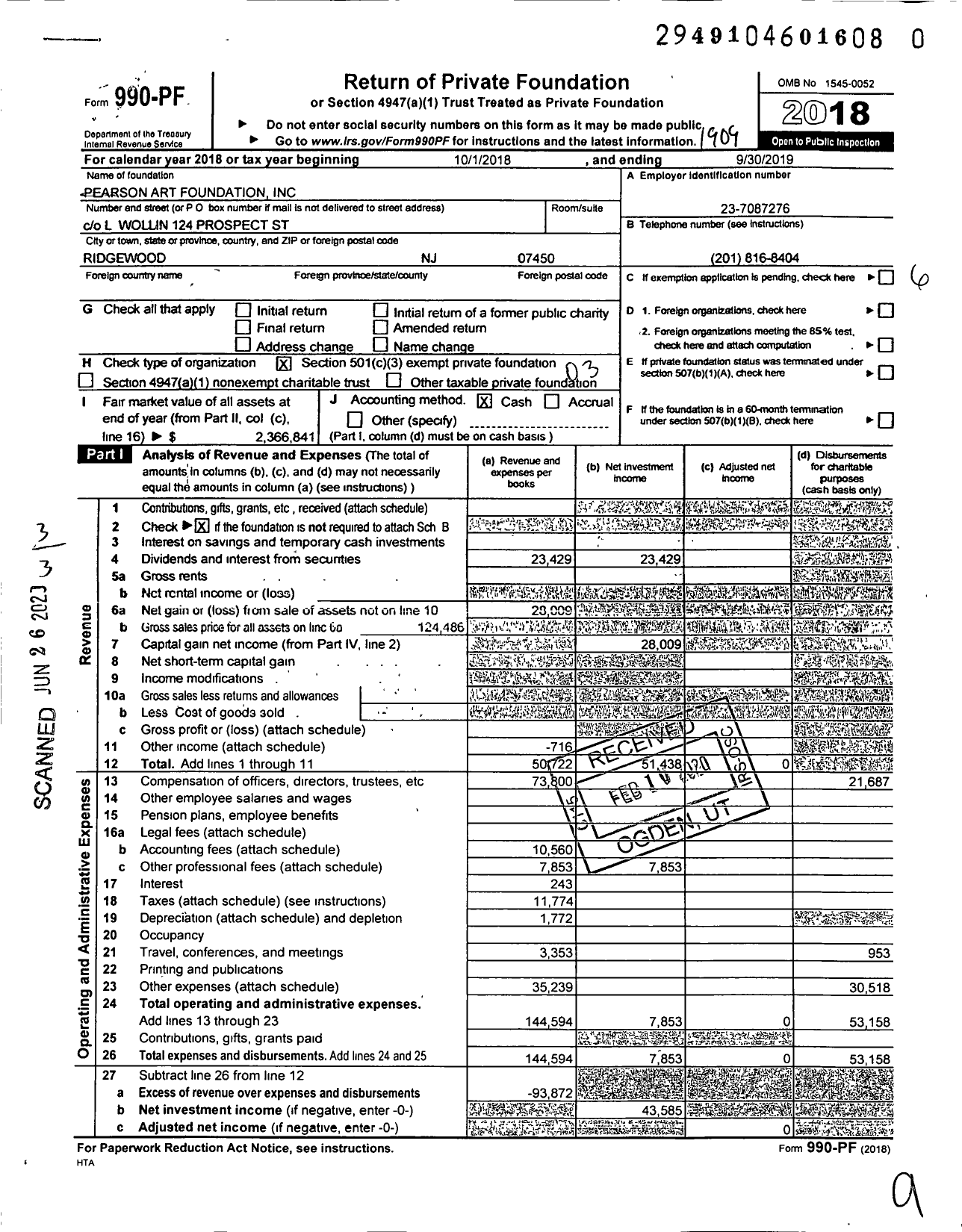 Image of first page of 2018 Form 990PR for Pearson Art Foundation