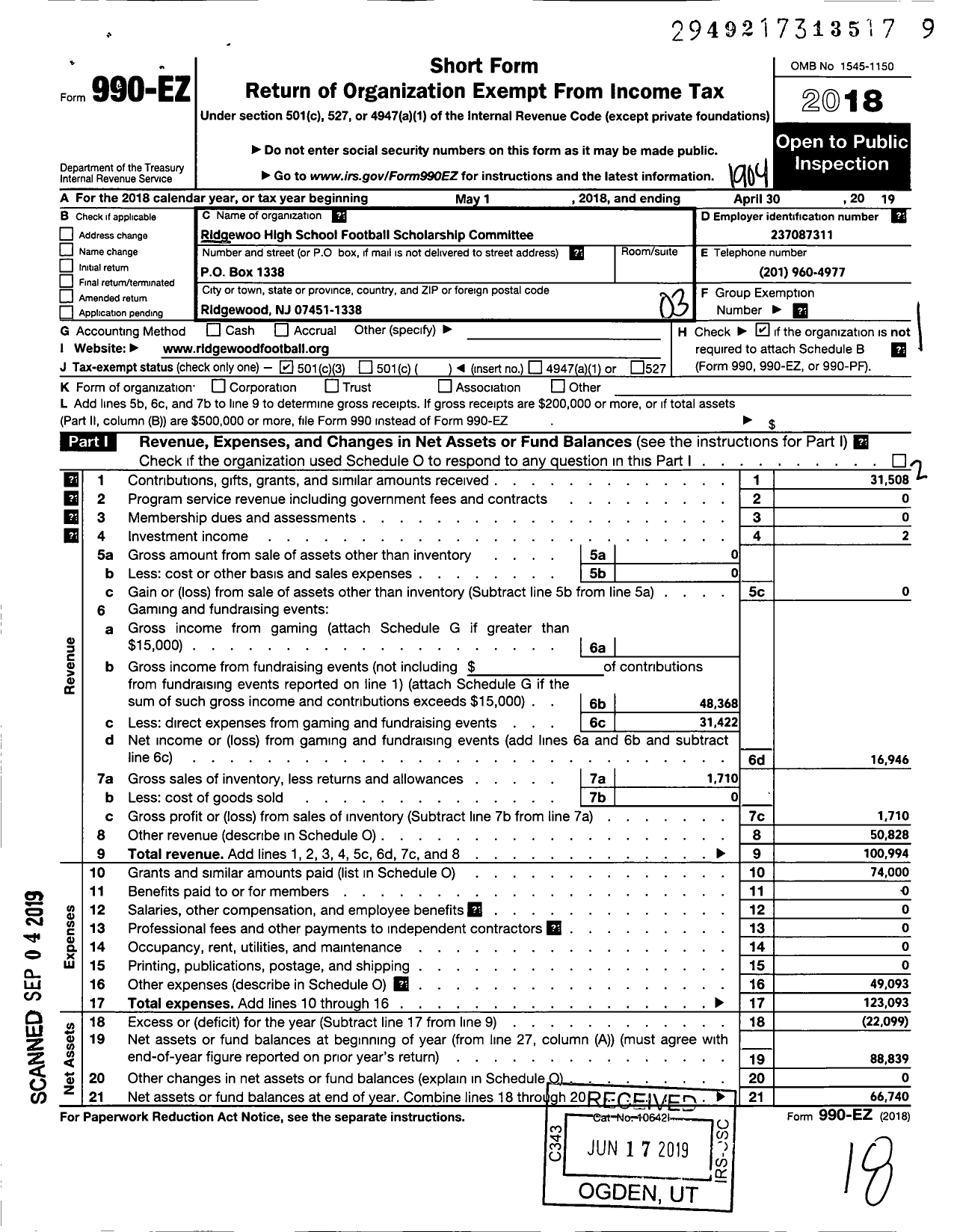 Image of first page of 2018 Form 990EZ for Ridgewood High School Football Scholarship Committee