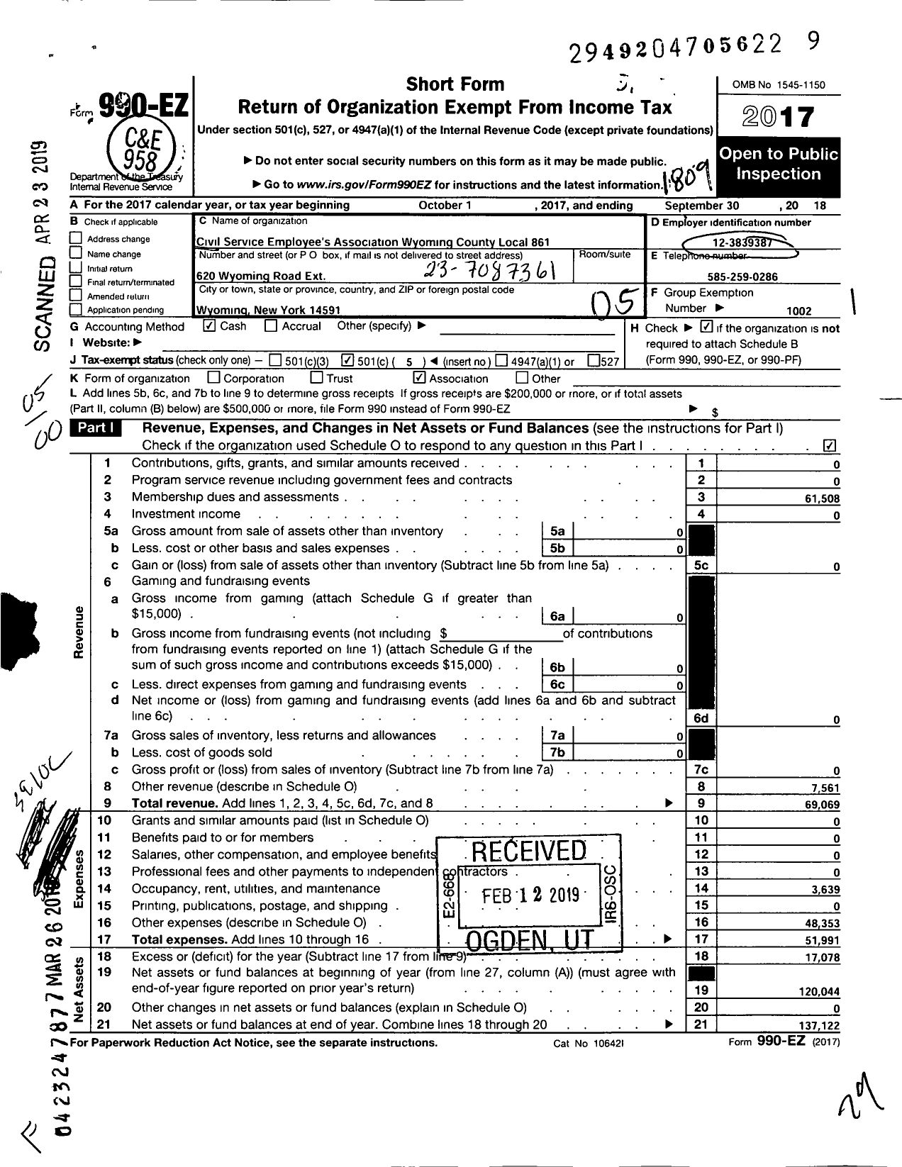 Image of first page of 2017 Form 990EO for Civil Service Employees Association - 0861 Wyoming County (0861 Wyoming County)