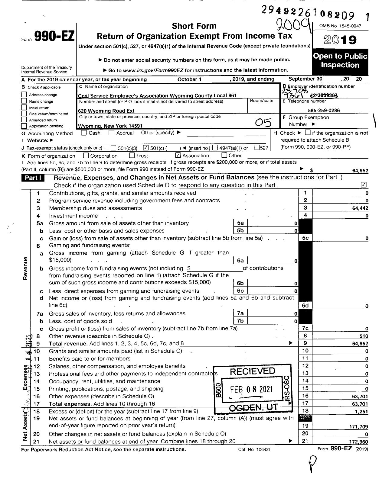 Image of first page of 2019 Form 990EO for Civil Service Employees Association - 0861 Wyoming County (0861 Wyoming County)