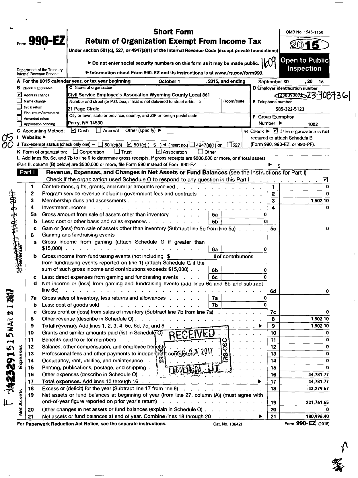 Image of first page of 2015 Form 990EO for Civil Service Employees Association - 0861 Wyoming County (0861 Wyoming County)