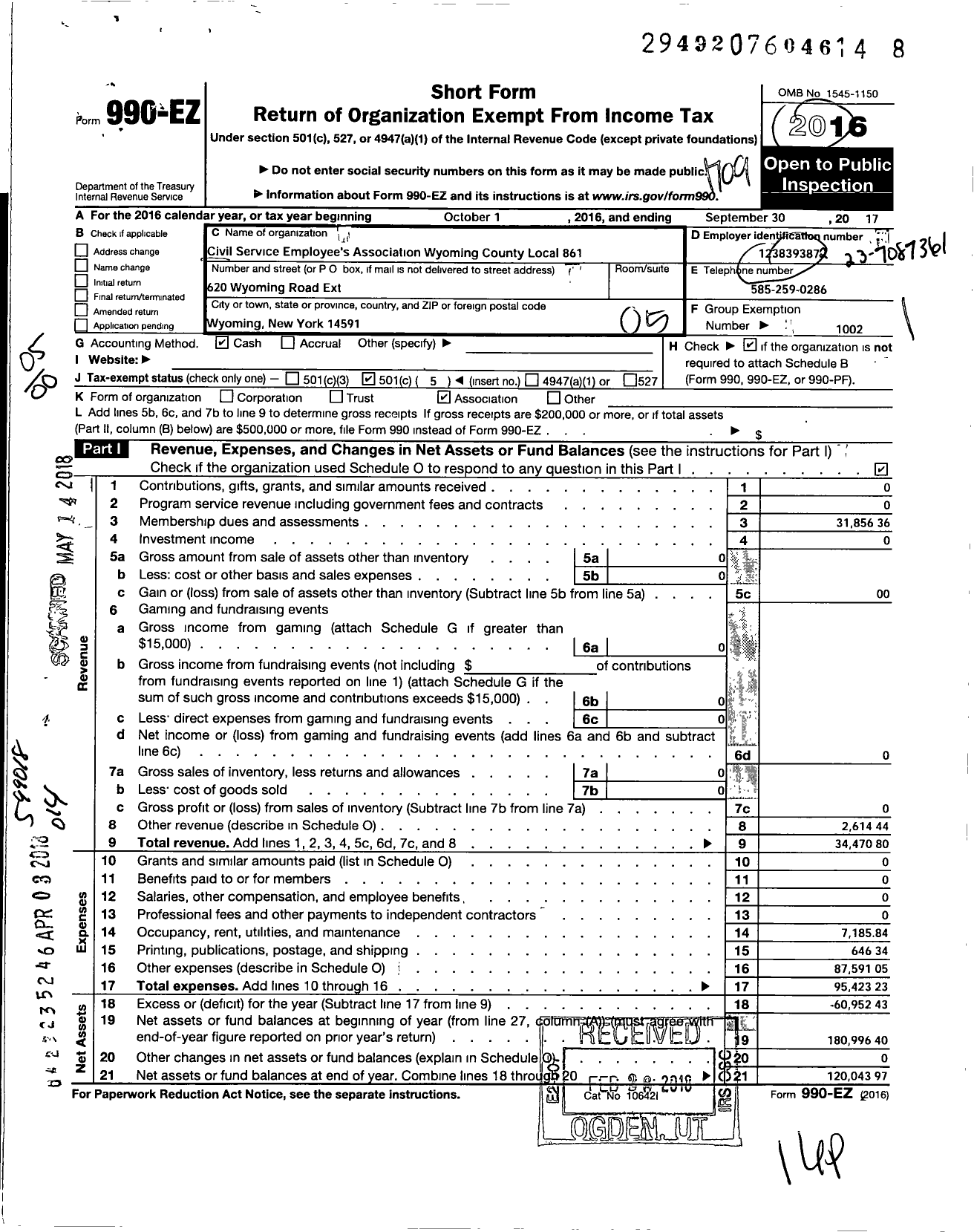 Image of first page of 2016 Form 990EO for Civil Service Employees Association - 0861 Wyoming County (0861 Wyoming County)