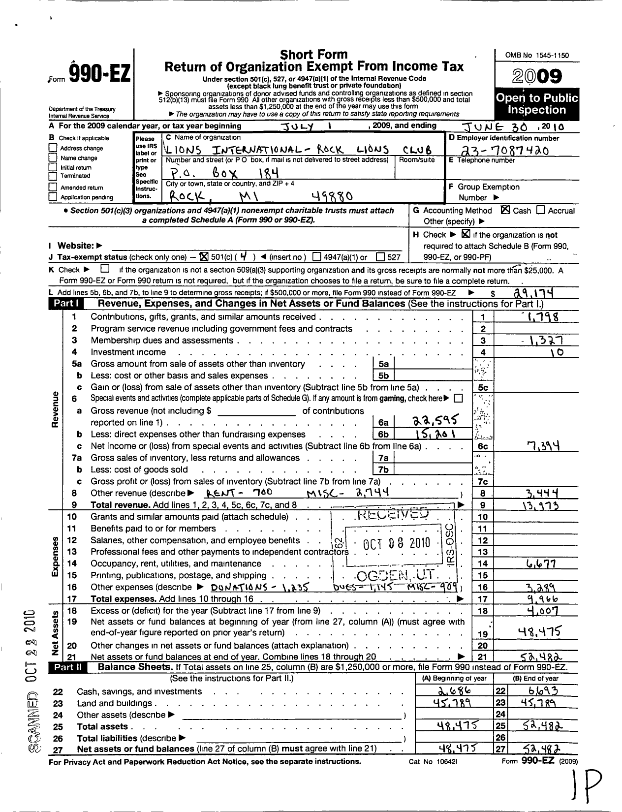 Image of first page of 2009 Form 990EO for Lions Clubs - 4405 Rock