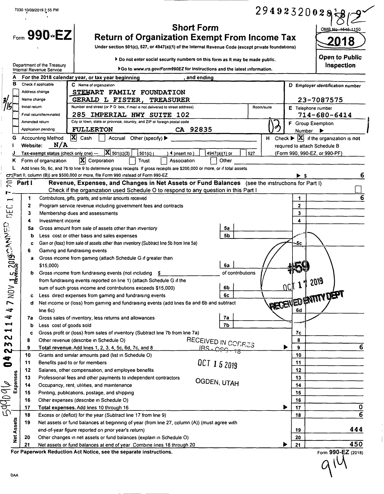 Image of first page of 2018 Form 990EZ for Stewart Family Foundation Gerald L Fister Treasurer
