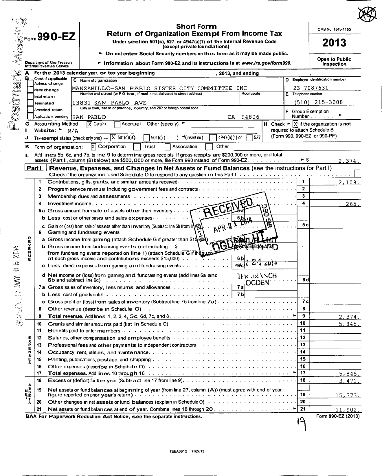 Image of first page of 2013 Form 990EZ for Manzanillo-San Pablo Sister-City Committee