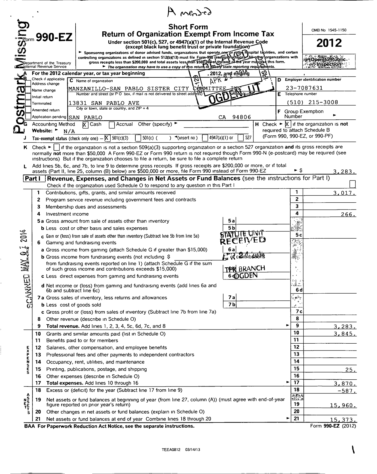 Image of first page of 2012 Form 990EZ for Manzanillo-San Pablo Sister-City Committee