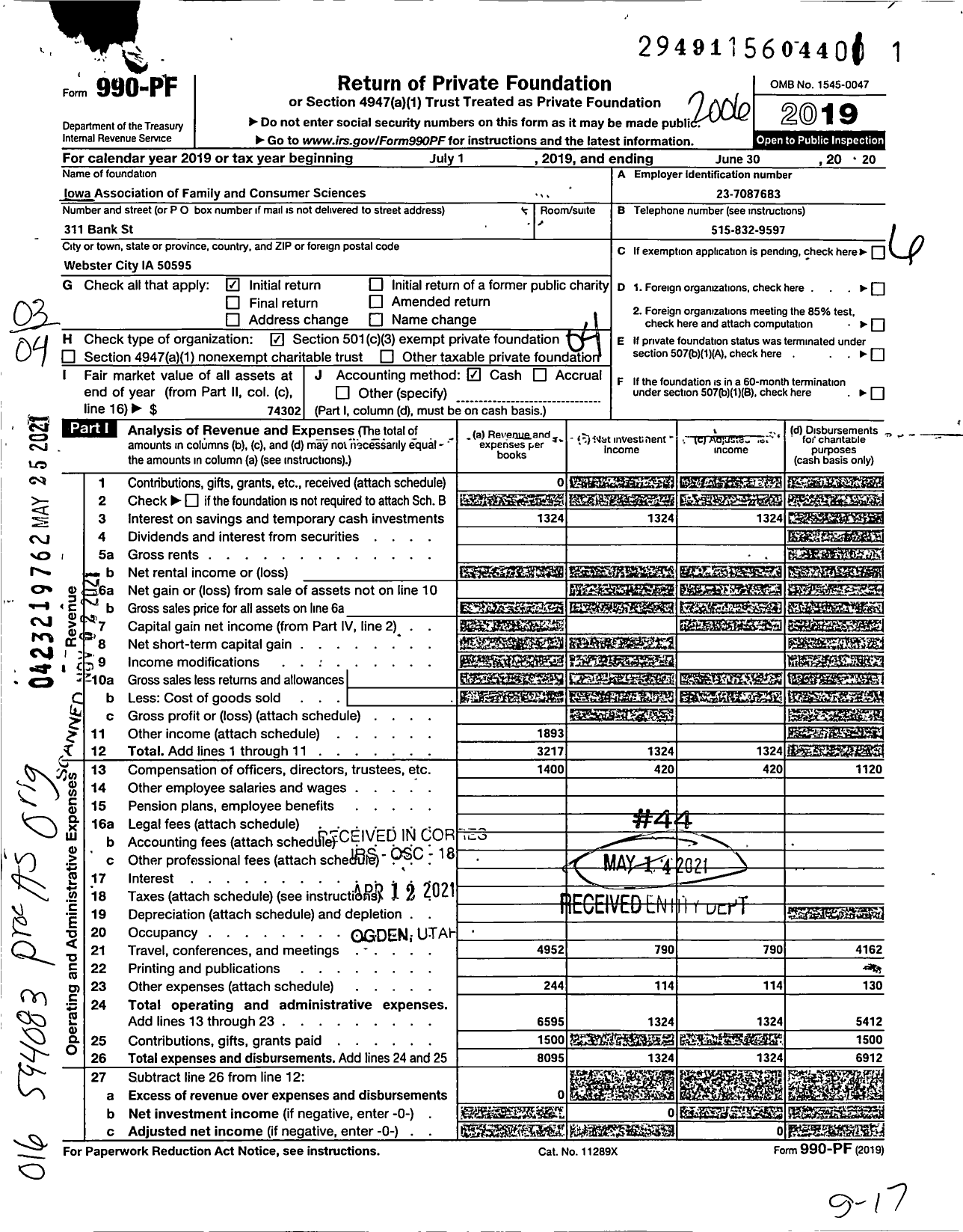 Image of first page of 2019 Form 990PF for Iowa Association of Family and Consumer Sciences