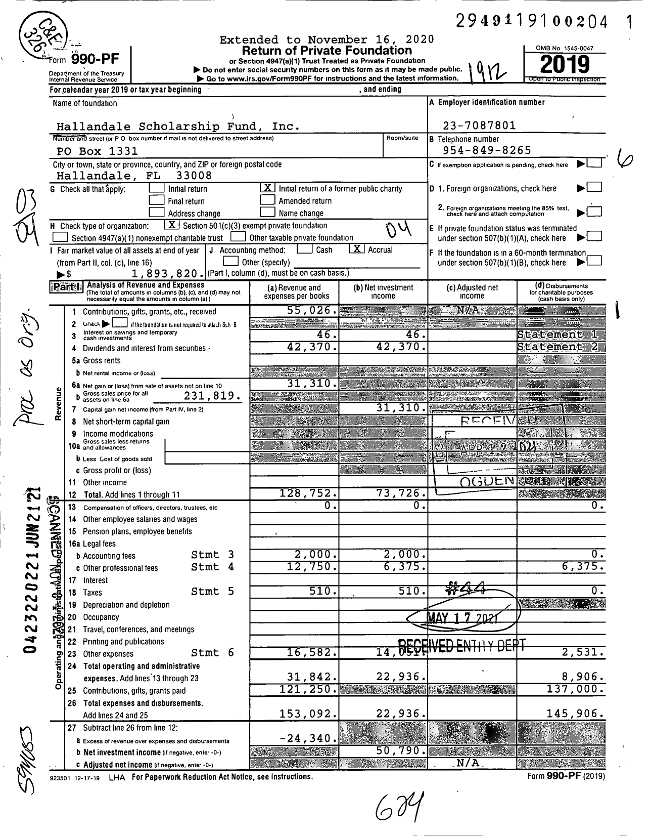 Image of first page of 2019 Form 990PF for Hallandale Scholarship Fund