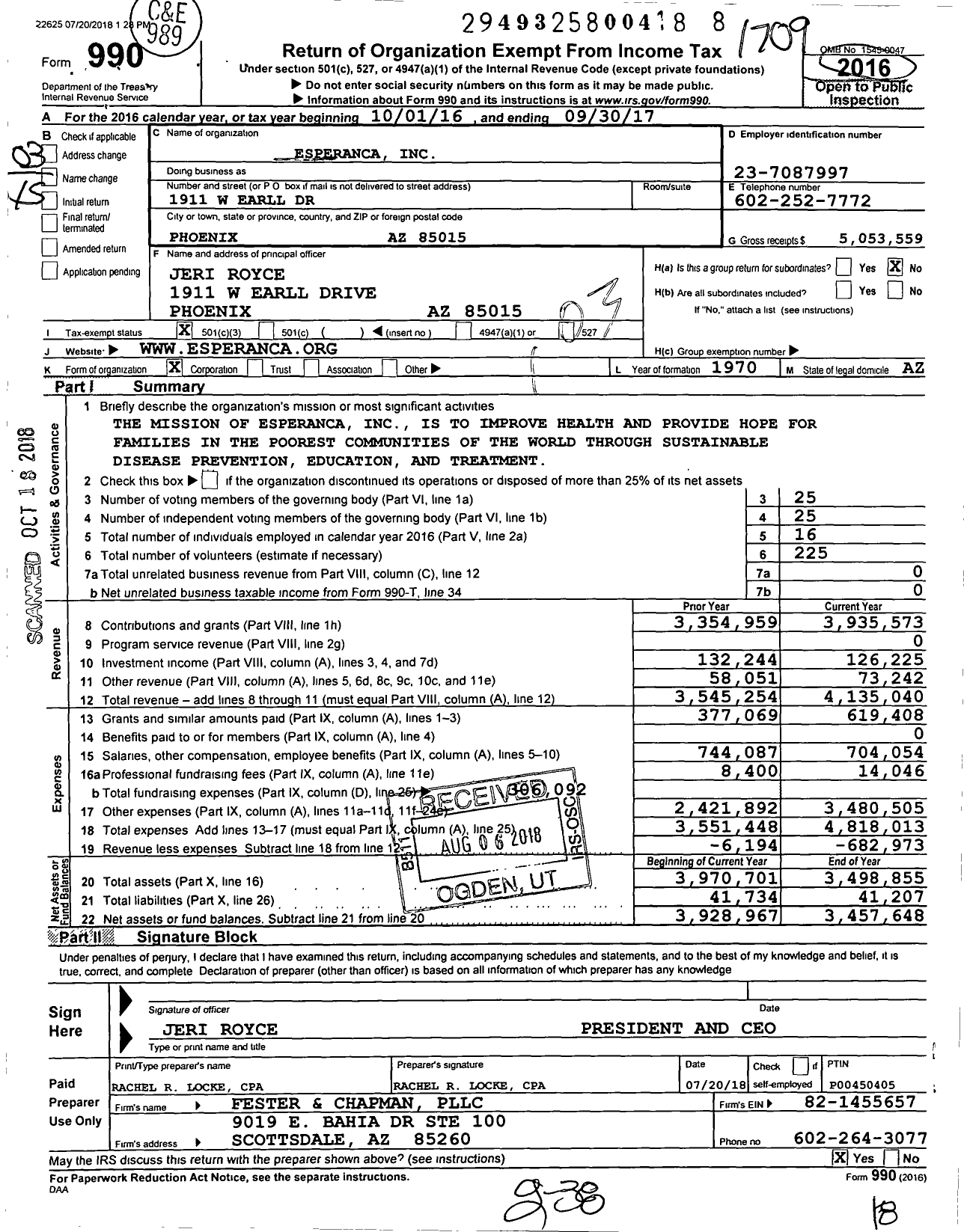 Image of first page of 2016 Form 990 for Esperanca