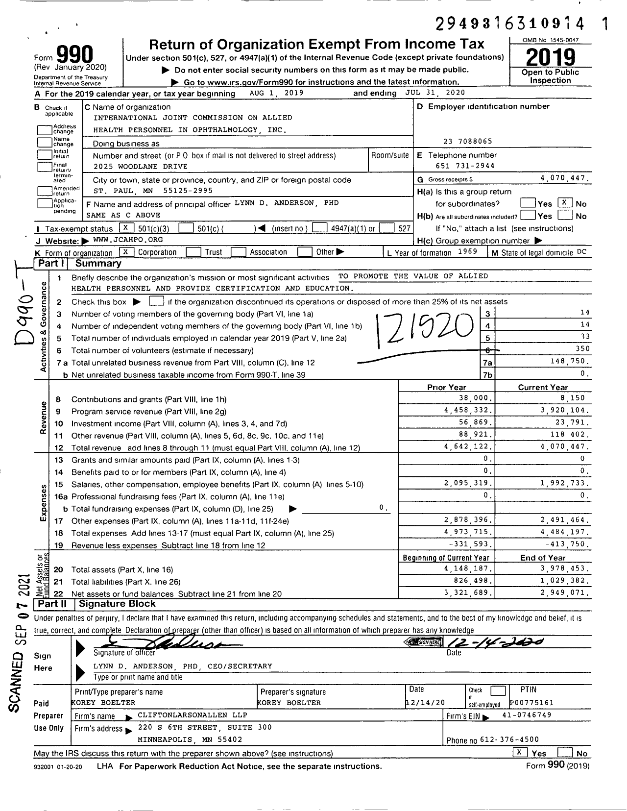 Image of first page of 2019 Form 990 for International Joint Commission on Allied Health Personnel in Ophthalmology (JCAHPO)