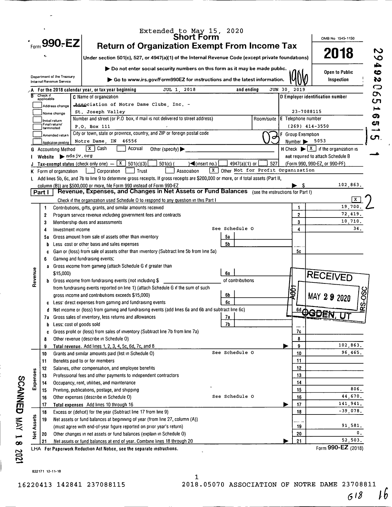 Image of first page of 2018 Form 990EZ for Association of Notre Dame Clubs Inc - St Joseph Valley