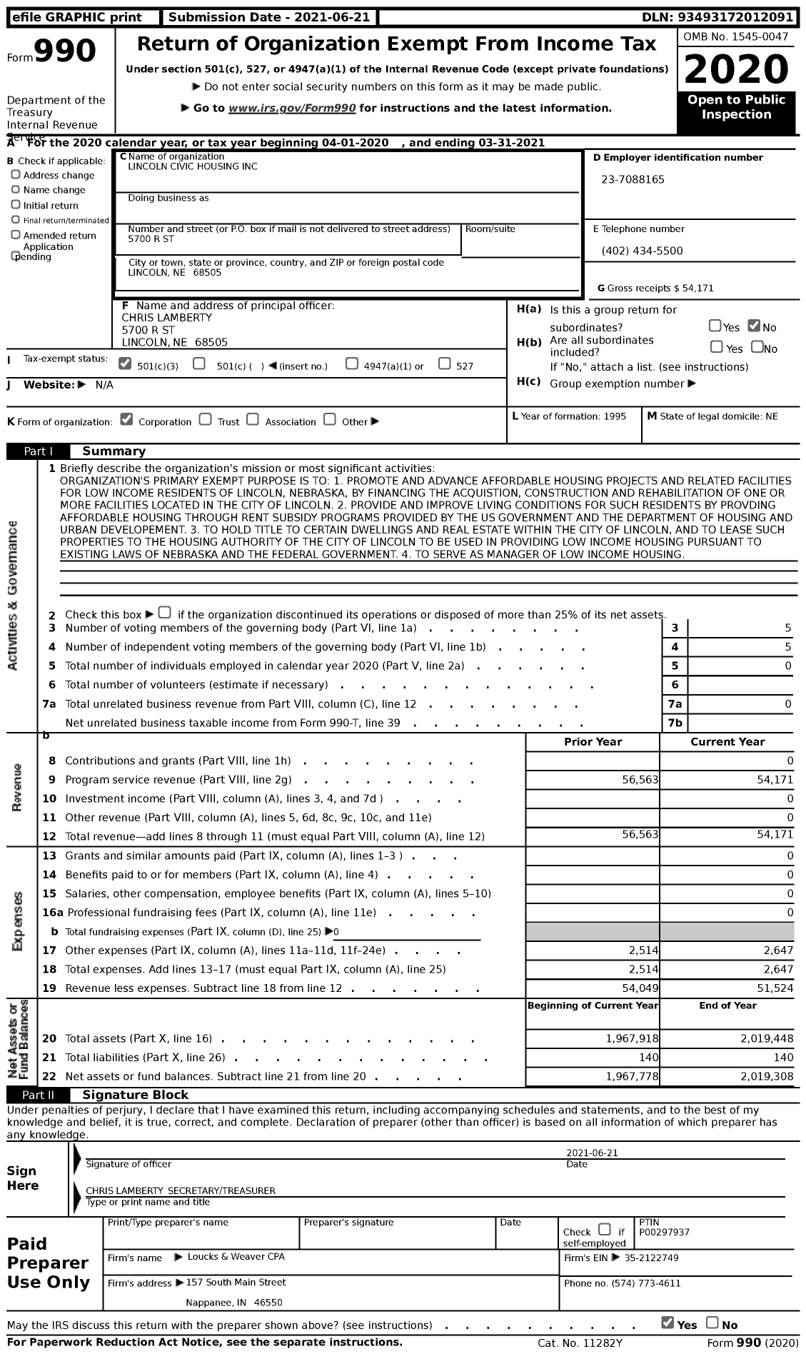 Image of first page of 2020 Form 990 for Lincoln Civic Housing
