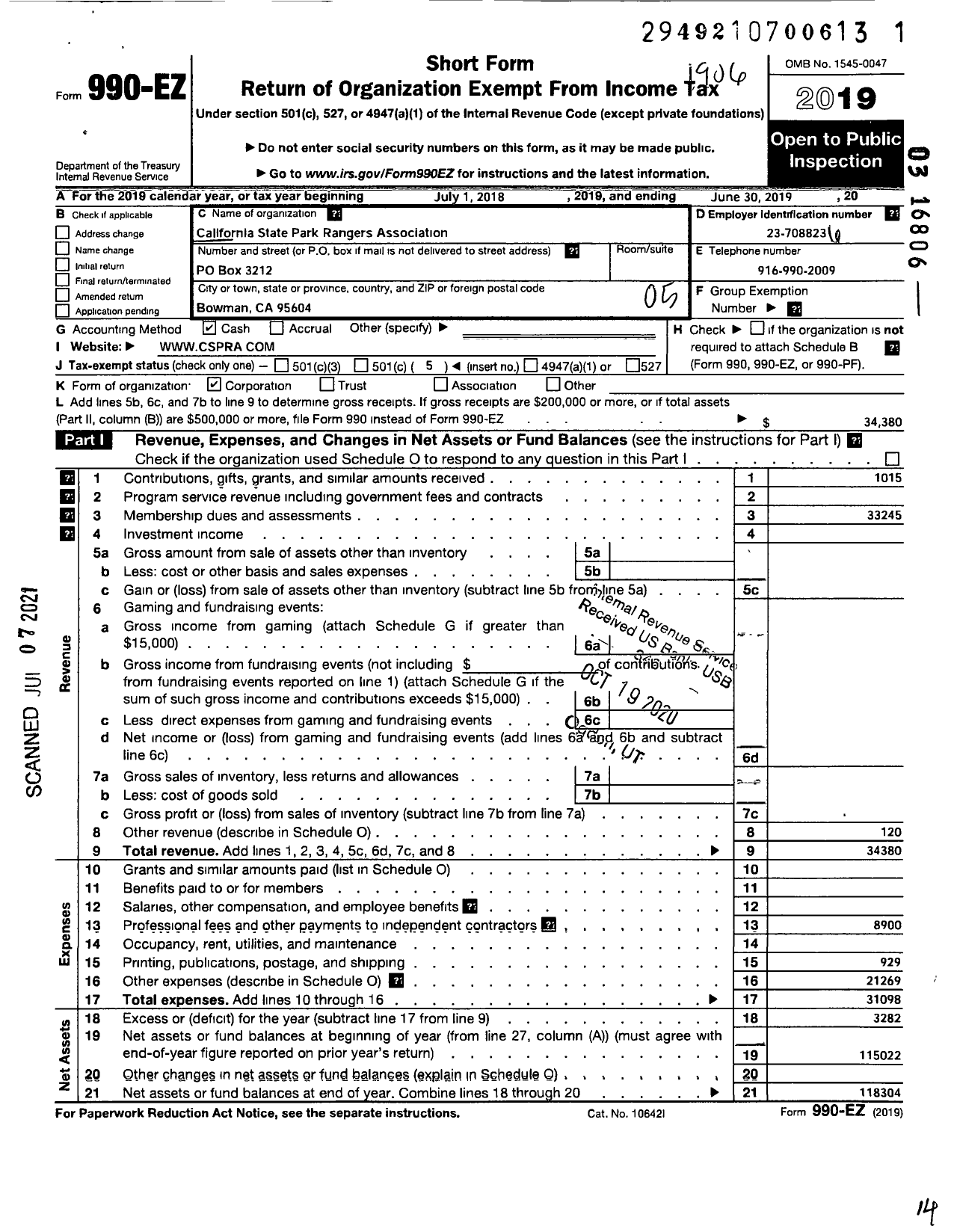 Image of first page of 2018 Form 990EO for California State Park Rangers Association