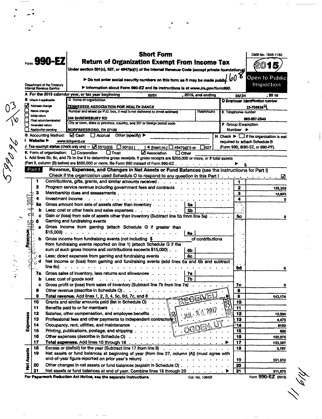 Image of first page of 2015 Form 990EZ for Tennessee Association for Health Physical Education Recreation and Dance