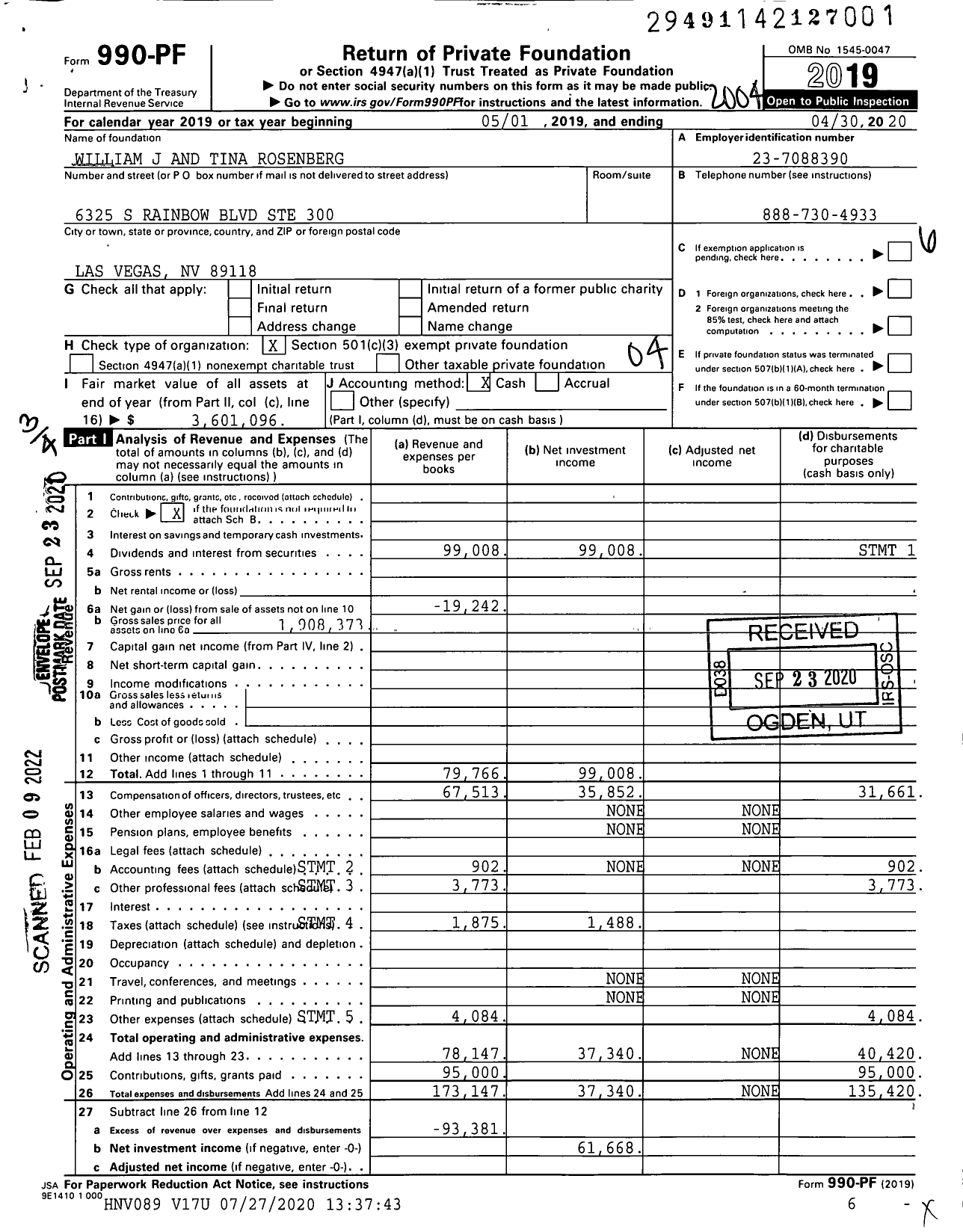 Image of first page of 2019 Form 990PF for William J and Tina Rosenberg