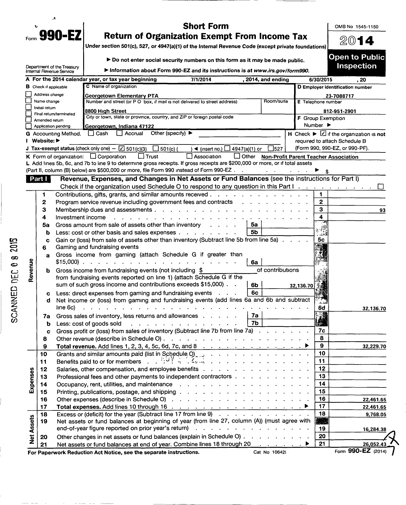 Image of first page of 2014 Form 990EZ for Indiana Congress of Parents and Teachers / Georgetown Elementary PTA