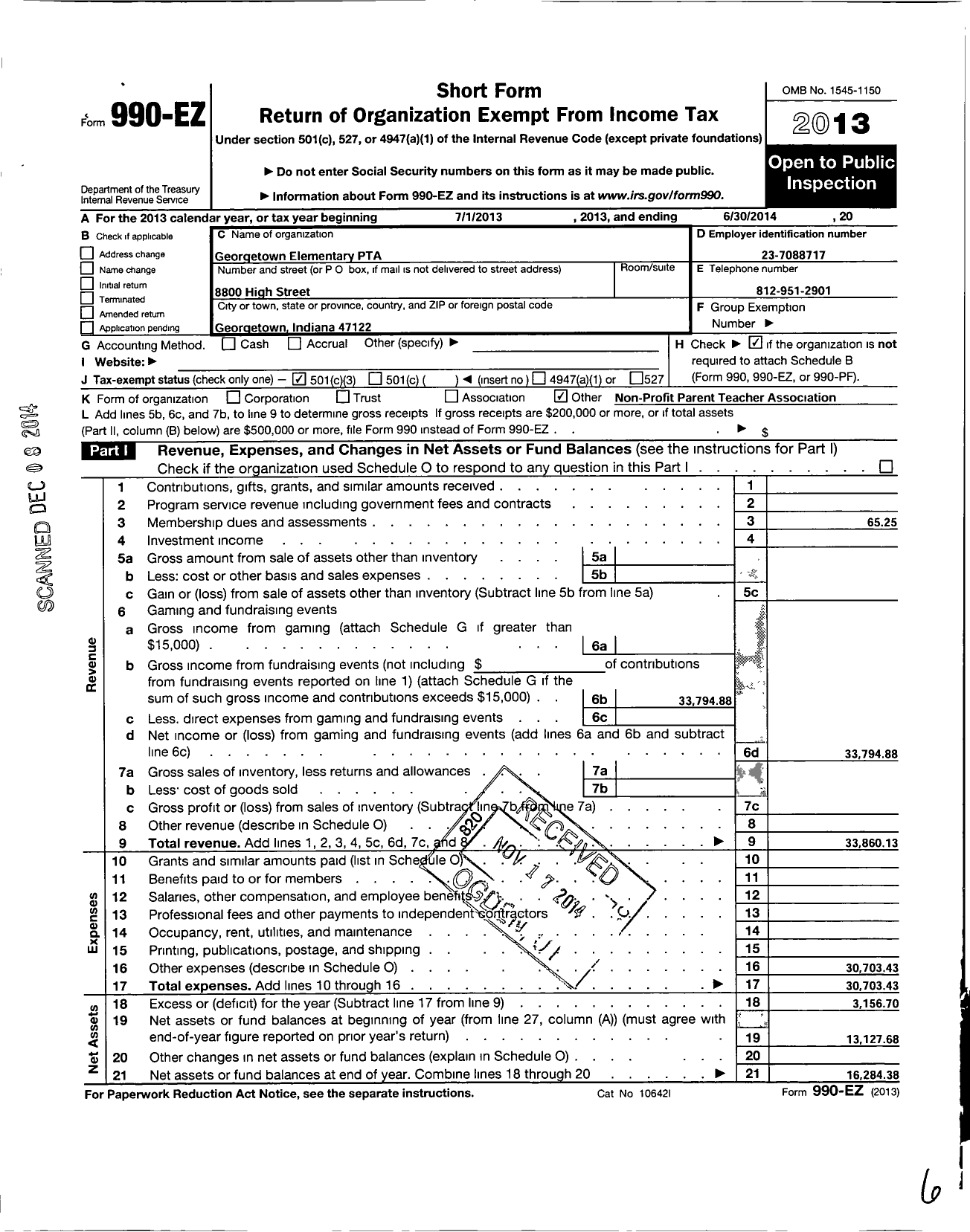 Image of first page of 2013 Form 990EZ for Indiana Congress of Parents and Teachers / Georgetown Elementary PTA