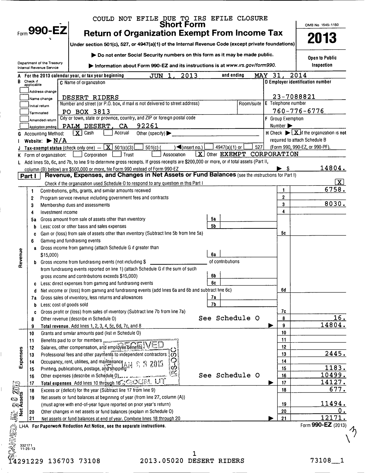 Image of first page of 2013 Form 990EZ for Desert Riders