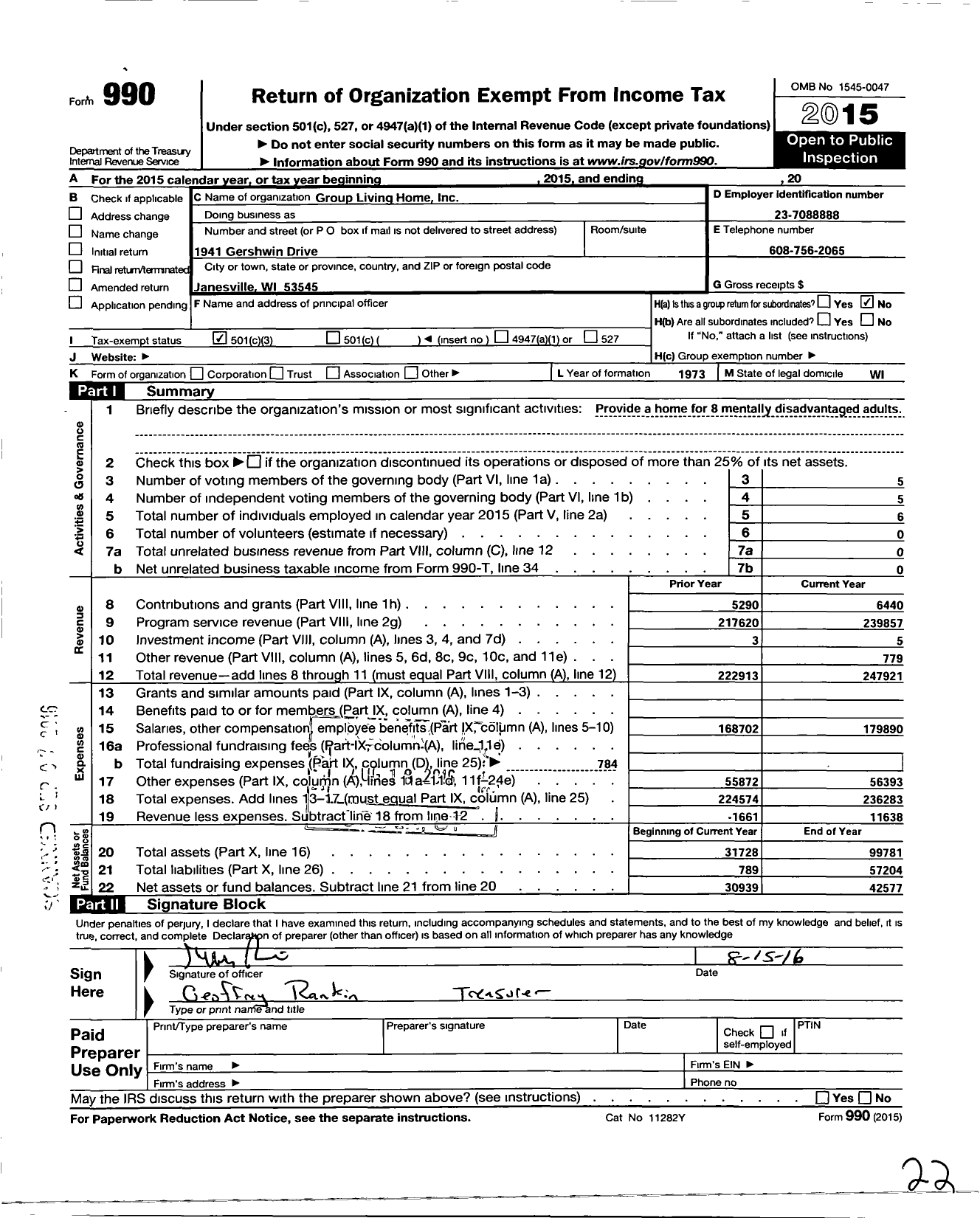 Image of first page of 2015 Form 990 for Group Living Home
