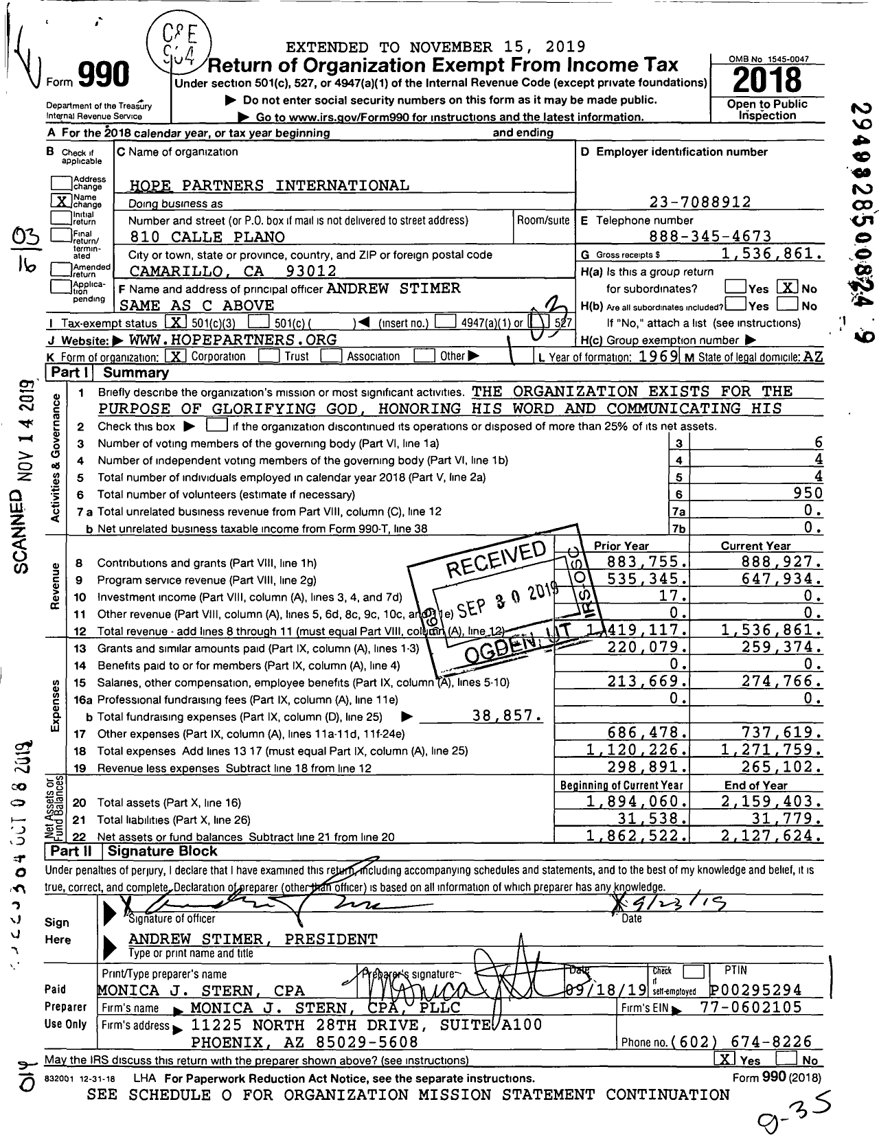 Image of first page of 2018 Form 990 for Hope Partners International