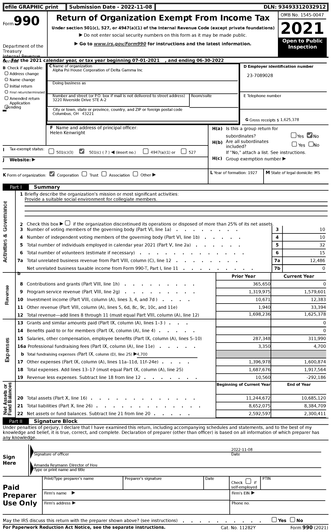 Image of first page of 2021 Form 990 for Alpha Psi House Corporation of Delta Gamma