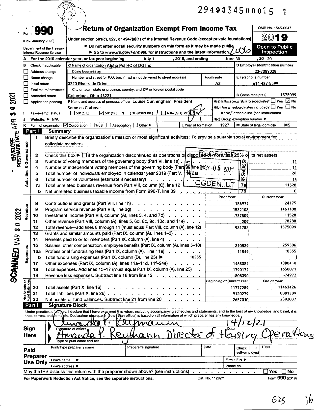 Image of first page of 2019 Form 990O for Alpha Psi House Corporation of Delta Gamma