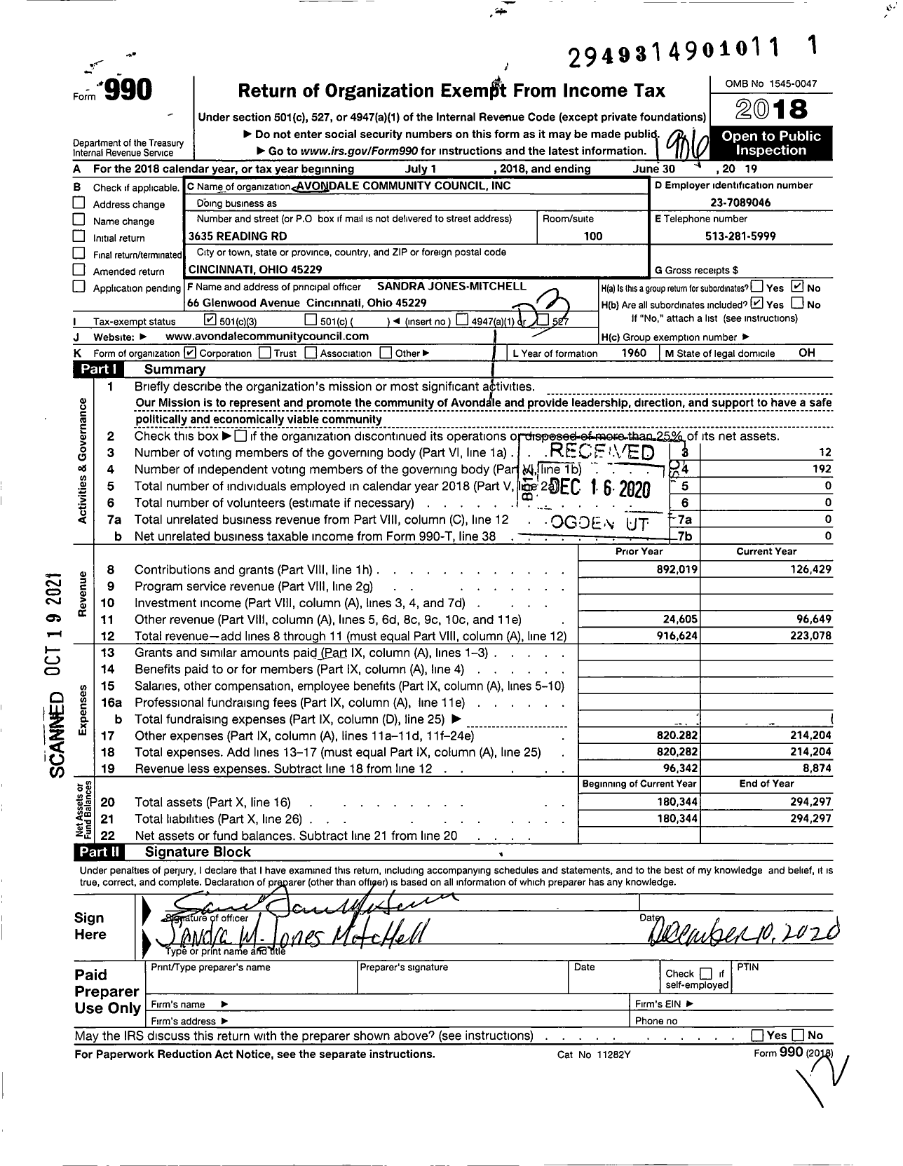 Image of first page of 2018 Form 990 for Avondale Community Council